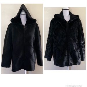 Women Black Faux Suede Fur Crochet Trim Reversible Hooded Zipper Front Coat